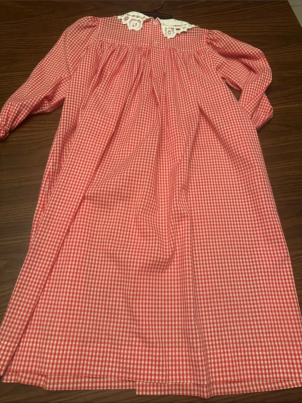 Girls red and white Gingham Long-Sleeve Dress with Lace Collar